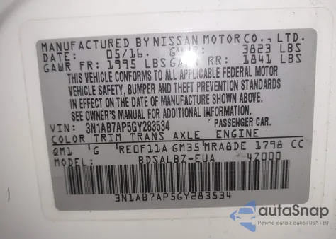 2016 Nissan Sentra Fe+ S/S/Sl/Sr/Sv из США, поврежденный, VIN 3N1AB7AP5GY283534